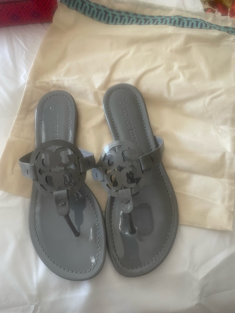 Tory Burch Malta Gray Logo Patent Sandals